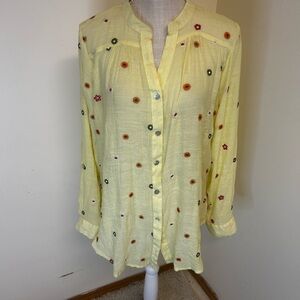 Anthropologie Figueroa Flower Peasant Blouse Boho XL Yellow Embroidered EUC